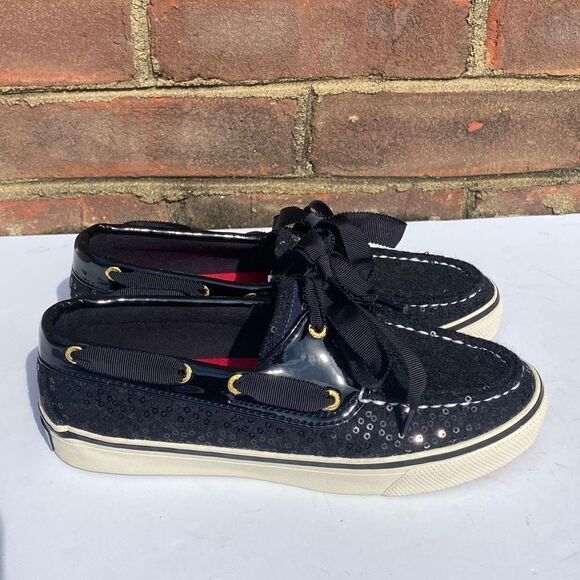 Sperry Black Wool Sequins Top Sider Lace Up Boat Sneaker Shoe Size 5 NEW - Picture 1 of 9